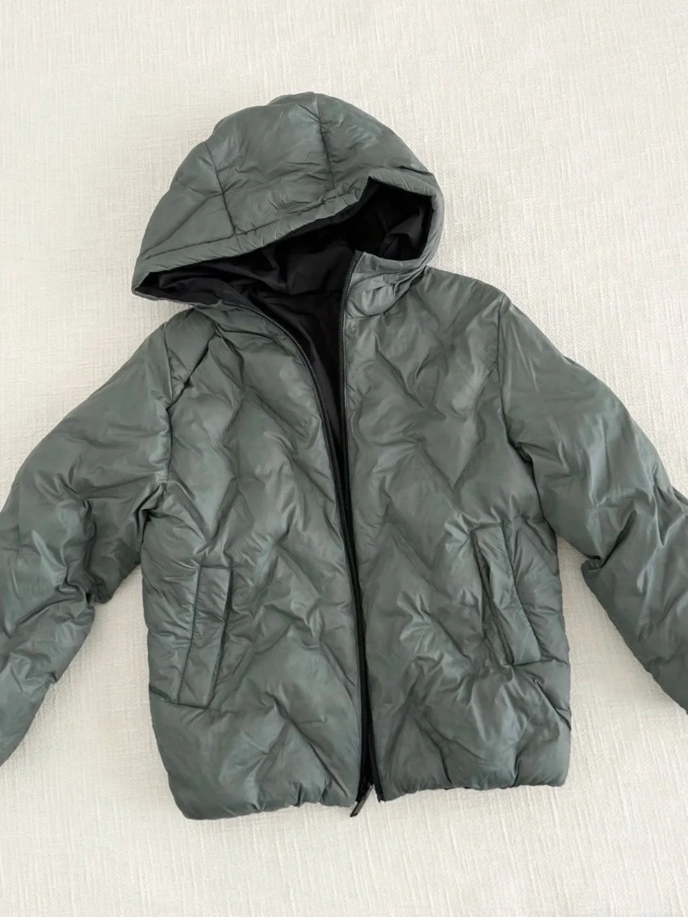Zara Kids Hooded Quilted Reversible Puffer Jacket - Charcoal Green